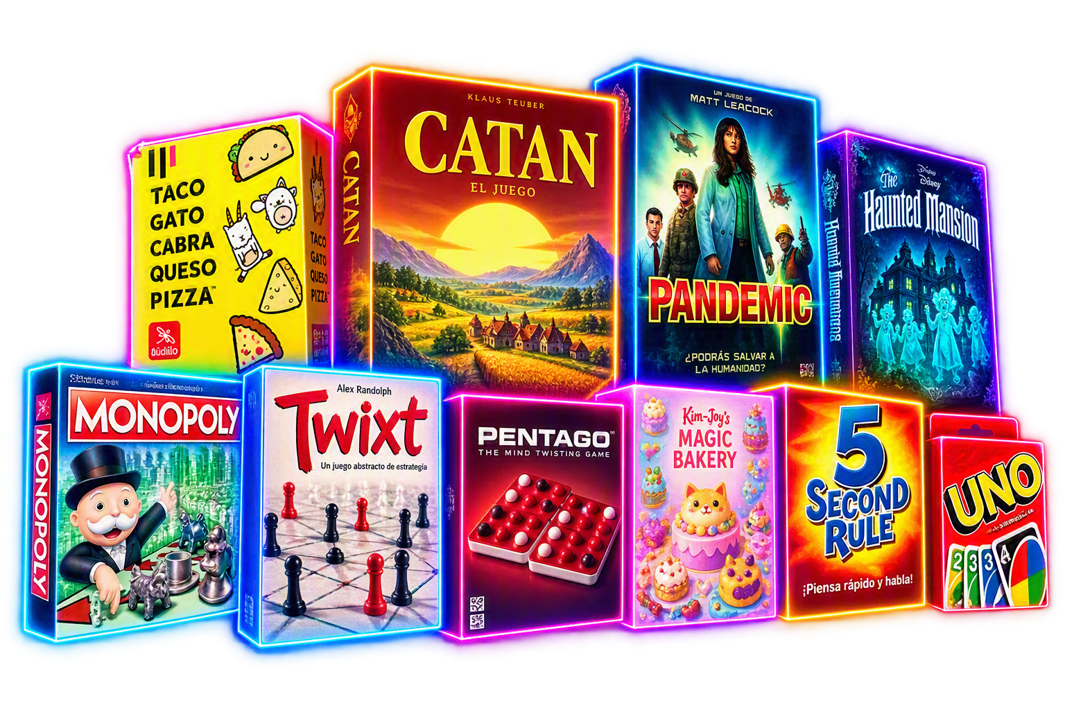 Composición de cajas originales de juegos de mesa con bordes neón